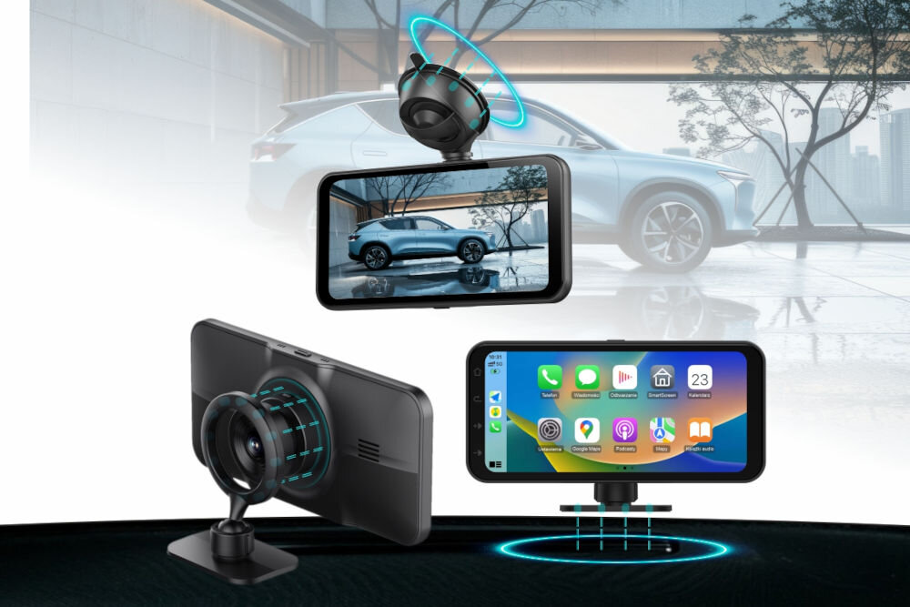 MANTA MMUS101 AutoFusion PRO CarPlay Android Auto rozszerzenie funkcji pojazdu o multimedia i bezpieczeństwo, ekran w trzech pozycjach przymocowany do auta