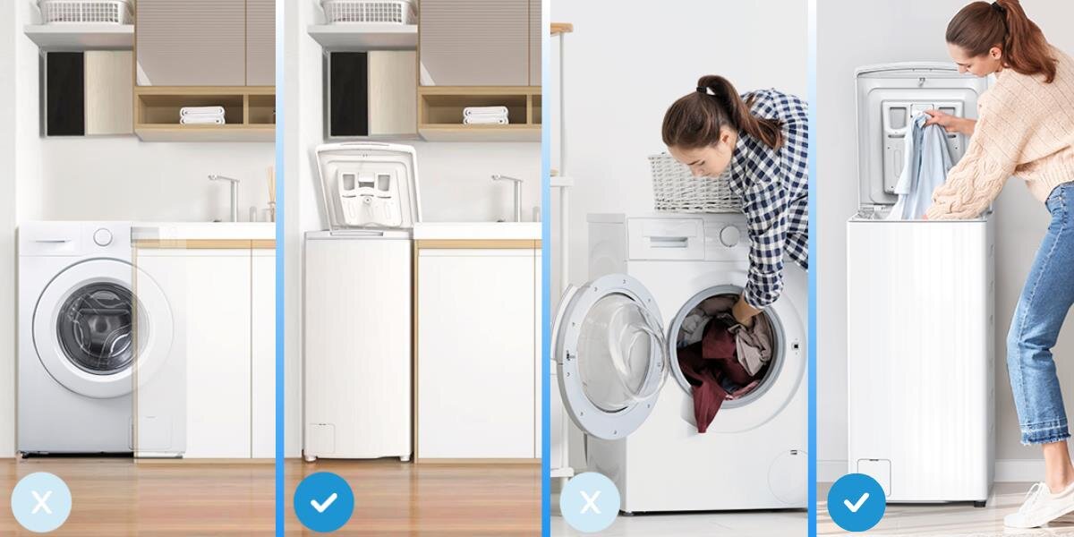 Pralka MIDEA MF100T60B W-PL zdjęcie lifestyle wizualizacja porównanie kobieta pranie łazienka załadunek od góry szerokość 400 mm do małych mieszkań wygodne wkładanie prania