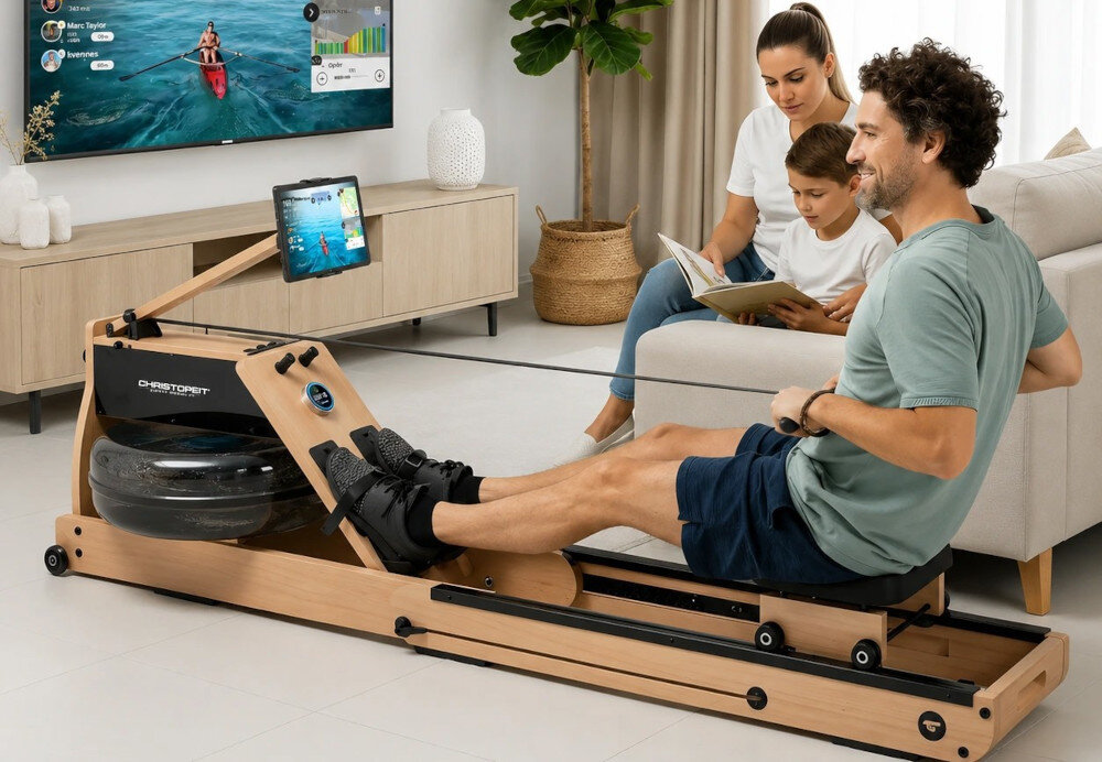Wioślarz wodno-magnetyczny CHRISTOPEIT SPORT WP 5000 pokój osoba trenuje na wioślarzu na kanapie siedzi kobieta z dzieckiem trening całego ciała ogólnorozwojowy trening
