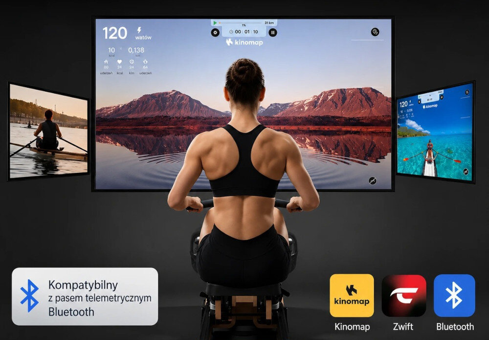 Wioślarz wodno-magnetyczny CHRISTOPEIT SPORT WP 5000 pokój osoba trenuje na wioślarzu przed telewizorem Łączność Bluetooth 4.0 aplikacji Kinomap na urządzeniach z Androidem i iOS Uchwyt na tablet lub smartfon Interaktywne funkcje