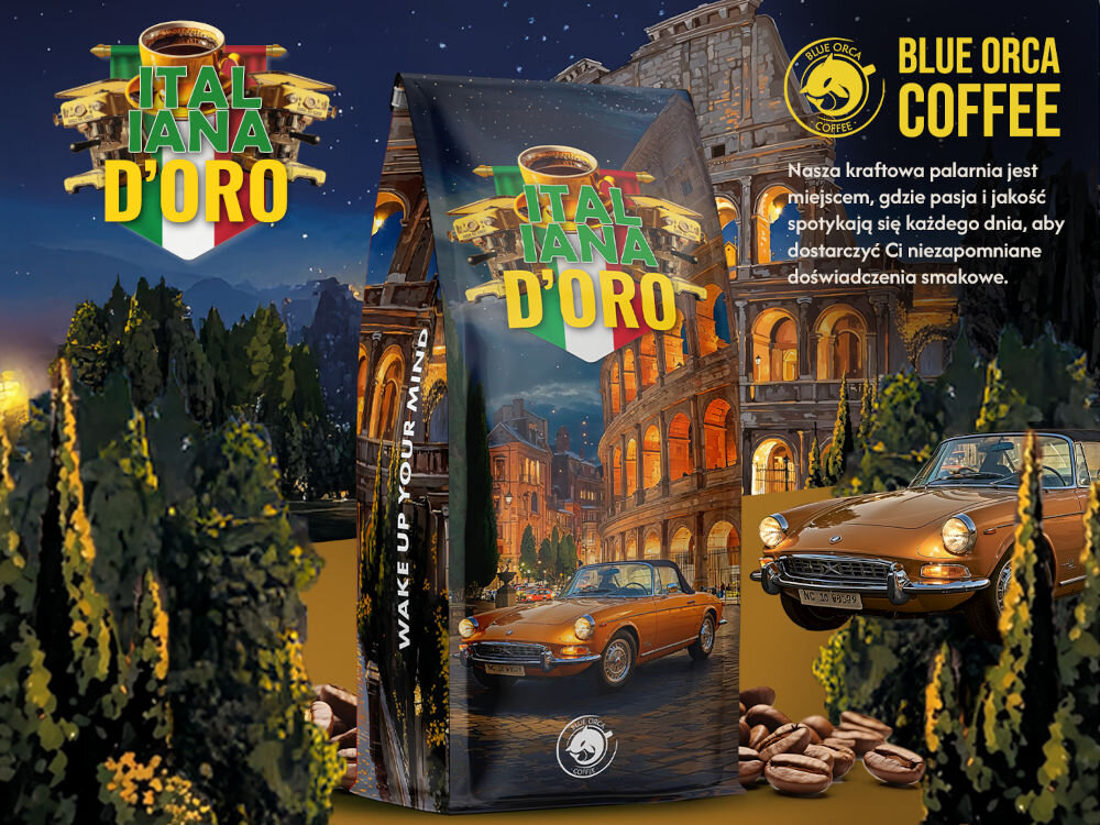 Kawa ziarnista BLUE ORCA COFFEE Italiana Oro Arabica 1 kg opakowanie kawy na tle włoskiego miasteczka napis: Nasza kraftowa palarnia jest miejscem, gdzie pasja i jakość spotykają się każdego dnia, aby dostarczyć Ci niezapomniane doświadczenia smakowe