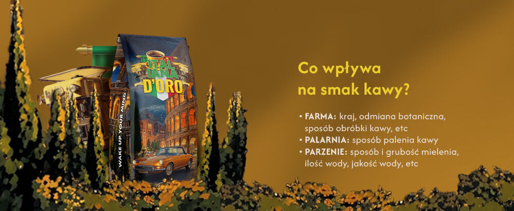 Kawa ziarnista BLUE ORCA COFFEE Italiana Oro Arabica 1 kg opakowanie kawy, w tle ekspres, na pierwszym planie napis Co wpływa na smak kawy - farma, kraj, odmiana botaniczna, sposób obróbki kawy, palarnia - sposób palenia kawy, parzenie - sposób i grubość mielenia, ilość wody, jakość wody