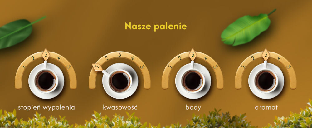 Kawa ziarnista BLUE ORCA COFFEE Italiana Crema 1 kg filiżanki kawy wskazujące stopień wypalenia - 3, kwasowość - 1, body - 3, aromat - 3