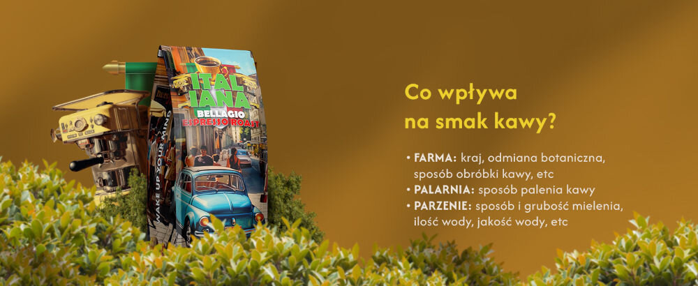 Kawa ziarnista BLUE ORCA COFFEE Italiana Crema 1 kg opakowanie kawy, w tle ekspres, na pierwszym planie napis Co wpływa na smak kawy - farma, kraj, odmiana botaniczna, sposób obróbki kawy, palarnia - sposób palenia kawy, parzenie - sposób i grubość mielenia, ilość wody, jakość wody