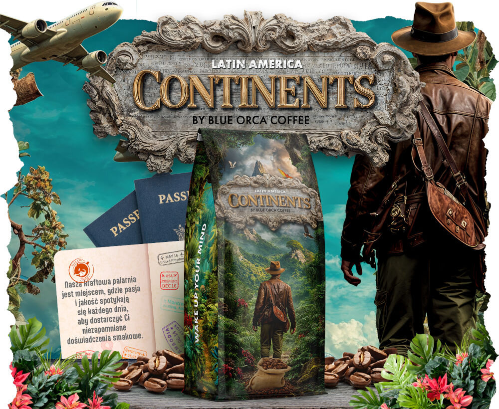 Kawa ziarnista BLUE ORCA COFFEE Continents 1 Latin America Arabica 1 kg opakowanie kawy na tle włoskiego miasteczka napis: Nasza kraftowa palarnia jest miejscem, gdzie pasja i jakość spotykają się każdego dnia, aby dostarczyć Ci niezapomniane doświadczenia smakowe