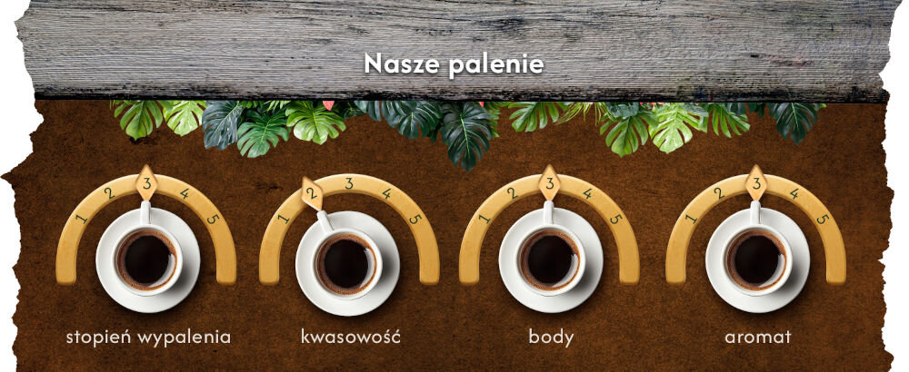Kawa ziarnista BLUE ORCA COFFEE Continents 1 Latin America Arabica 1 kg filiżanki kawy wskazujące stopień wypalenia - 3, kwasowość - 2, body - 3, aromat - 3
