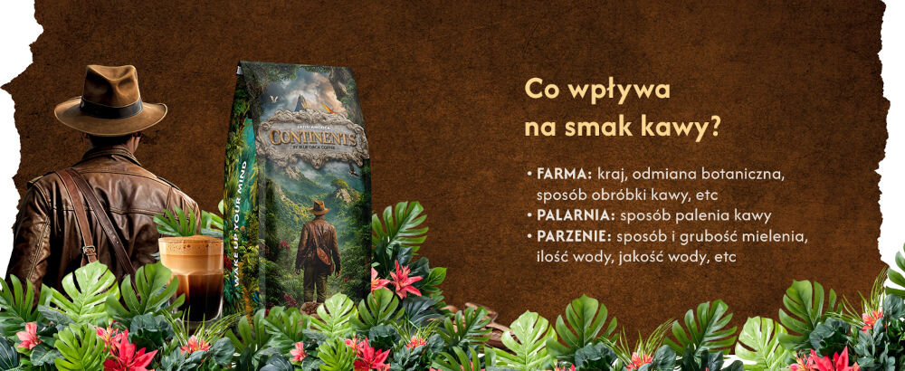Kawa ziarnista BLUE ORCA COFFEE Continents 1 Latin America Arabica 1 kg opakowanie kawy, w tle ekspres, na pierwszym planie napis Co wpływa na smak kawy - farma, kraj, odmiana botaniczna, sposób obróbki kawy, palarnia - sposób palenia kawy, parzenie - sposób i grubość mielenia, ilość wody, jakość wody