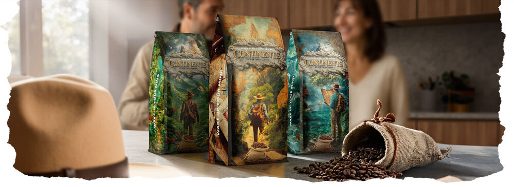 Kawa ziarnista BLUE ORCA COFFEE Continents 1 Latin America Arabica 1 kg cała seria kaw Continents na blacie obok rozsypane ziarna kaway w tle dwie uśmiechnięte osoby