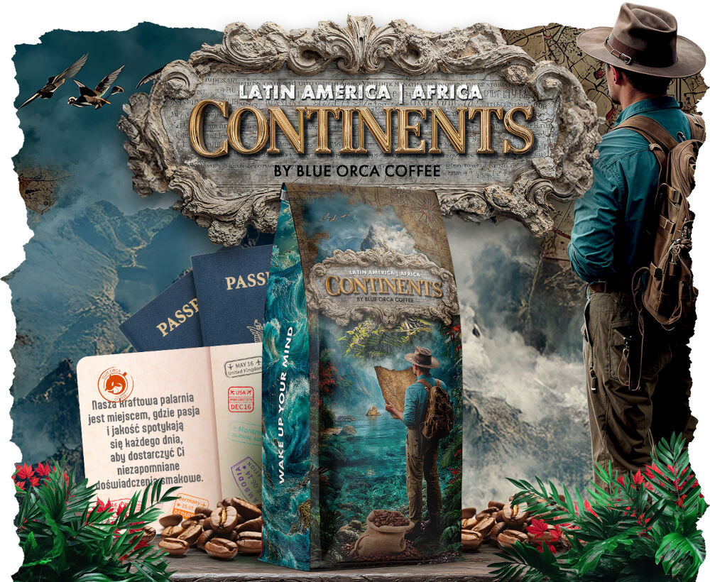 Kawa ziarnista BLUE ORCA COFFEE Continents 2 Latin America & Africa 1 kg opakowanie kawy na tle włoskiego miasteczka napis: Nasza kraftowa palarnia jest miejscem, gdzie pasja i jakość spotykają się każdego dnia, aby dostarczyć Ci niezapomniane doświadczenia smakowe