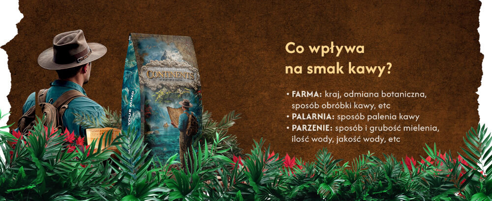 Kawa ziarnista BLUE ORCA COFFEE Continents 2 Latin America & Africa 1 kg opakowanie kawy, w tle ekspres, na pierwszym planie napis Co wpływa na smak kawy - farma, kraj, odmiana botaniczna, sposób obróbki kawy, palarnia - sposób palenia kawy, parzenie - sposób i grubość mielenia, ilość wody, jakość wody