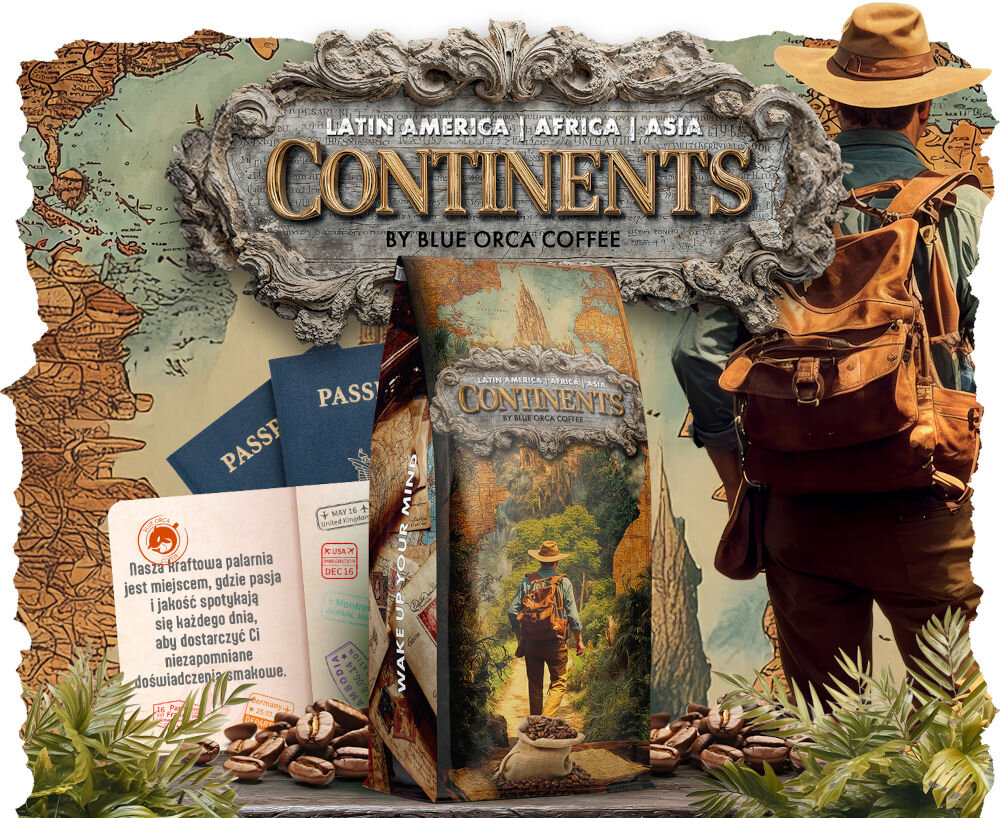 Kawa ziarnista BLUE ORCA COFFEE Continents 3 Latin America Africa & Asia Africa & Asia 1 kg opakowanie kawy na tle włoskiego miasteczka napis: Nasza kraftowa palarnia jest miejscem, gdzie pasja i jakość spotykają się każdego dnia, aby dostarczyć Ci niezapomniane doświadczenia smakowe