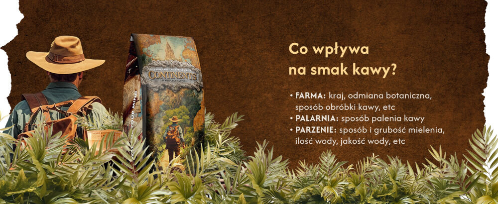 Kawa ziarnista BLUE ORCA COFFEE Continents 3 Latin America Africa & Asia Africa & Asia 1 kg opakowanie kawy, w tle ekspres, na pierwszym planie napis Co wpływa na smak kawy - farma, kraj, odmiana botaniczna, sposób obróbki kawy, palarnia - sposób palenia kawy, parzenie - sposób i grubość mielenia, ilość wody, jakość wody