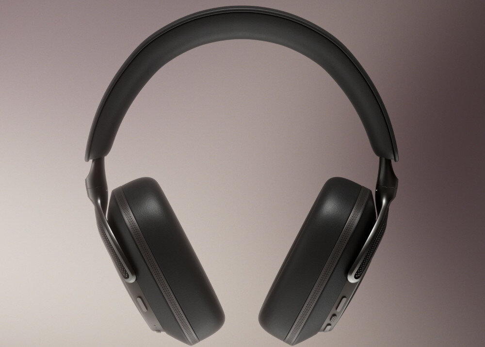 Słuchawki nauszne BOWERS & WILKINS Px8 S2 ANC Adaptive ANC 8 mikrofonów ADI Pure Voice redukcja hałasu rozmowy, słuchawki naszune od frontu na szaro brązowym tle