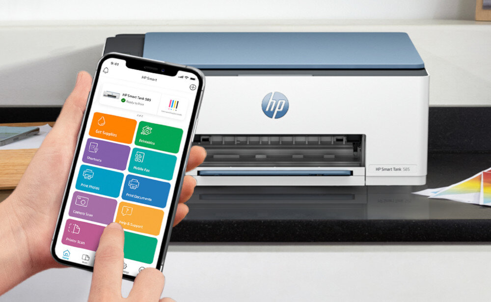 Urządzenie wielofunkcyjne HP Smart Tank 585 łączność sieć przyciski obsługa aplikacja funkcje