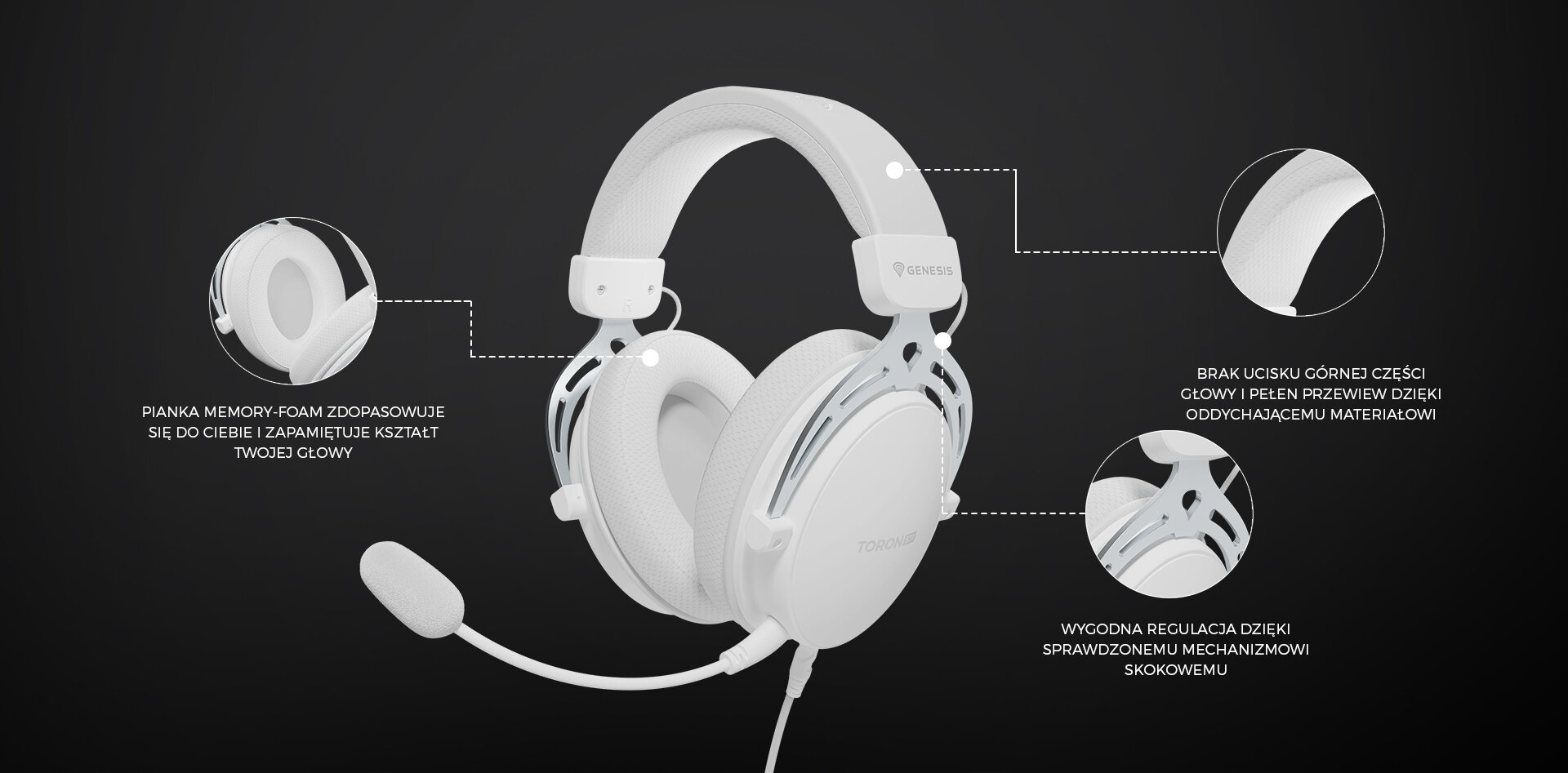 Słuchawki GENESIS Toron 531 komfortowe nauszniki i pianka memory foam, Białe słuchawki nauszne Genesis Toron 531 z mikrofonem, wyposażone w regulowaną konstrukcję i wyściełane nauszniki