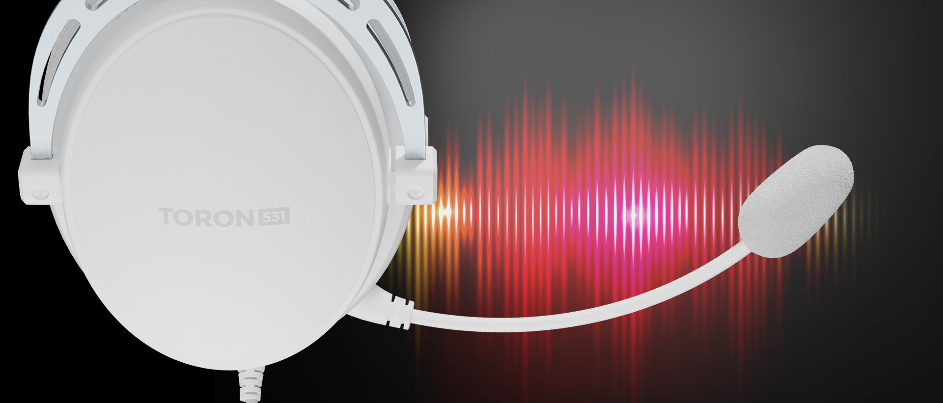 Słuchawki GENESIS Toron 531 dynamiczny mikrofon elastyczne ramię i kontroler, Białe słuchawki nauszne Genesis Toron 531 z mikrofonem i kolorową grafiką fali dźwiękowej w tle