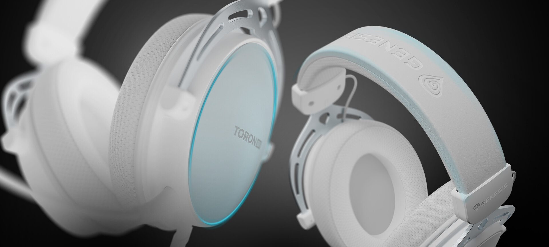 Słuchawki GENESIS Toron 531 trwała konstrukcja metalowe mocowania pałąk, Białe słuchawki nauszne Genesis Toron 531 z mikrofonem, charakteryzujące się eleganckim wzornictwem i niebieskim podświetleniem akcentującym