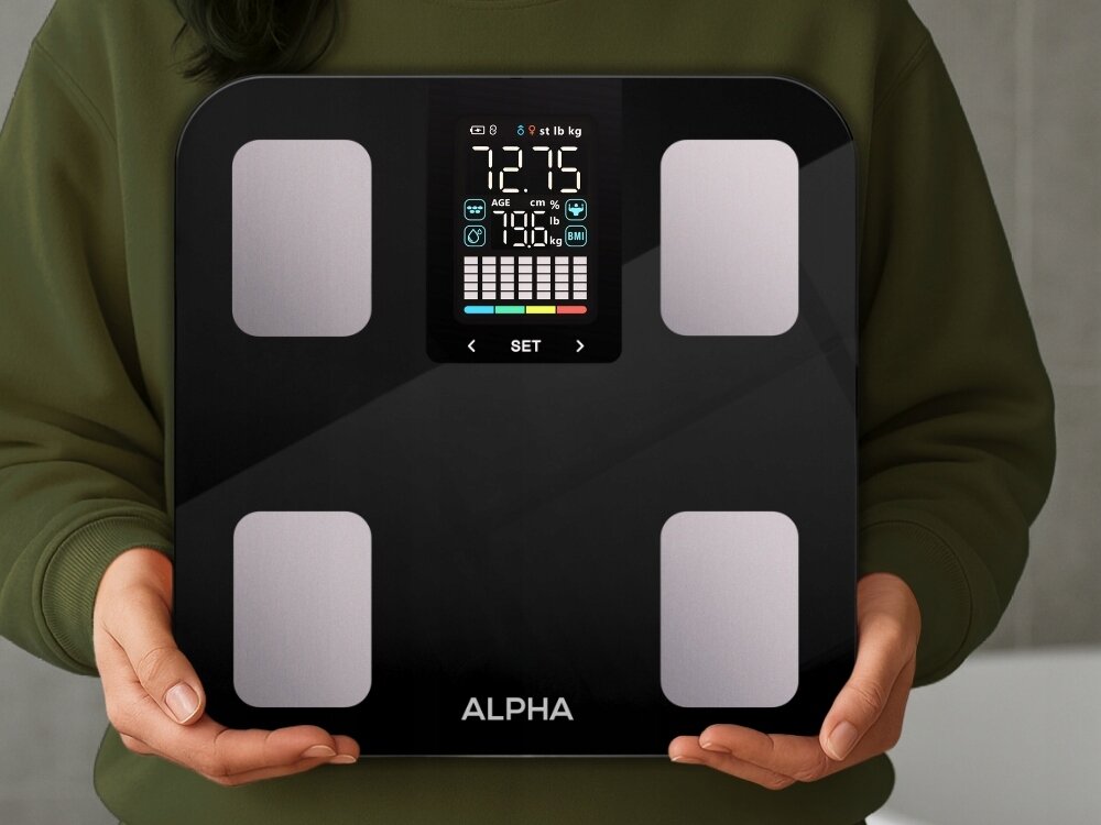 Waga łazienkowa ALPHA Smart Scale PRO 3 SCP-03 tryb offline, używanie bez aplikacji, masa ciała, BMI, wida, tłuszcz, masa mięśniowa, szybki pomiar