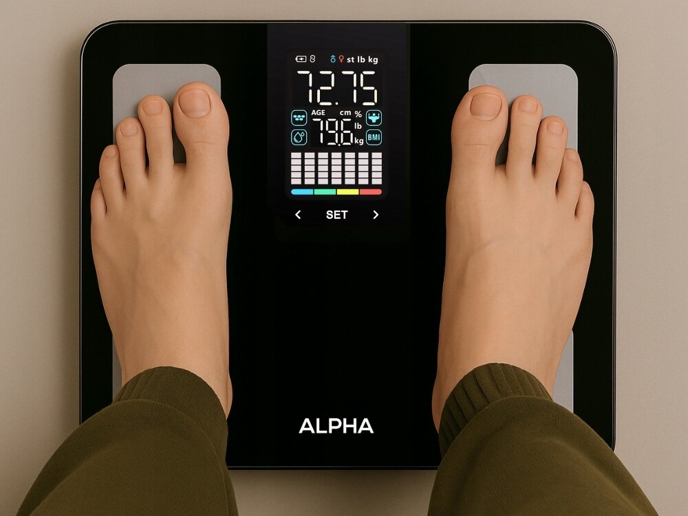 Waga łazienkowa ALPHA Smart Scale PRO 3 SCP-03 rejestrowanie masy mięśniowej, bmi, wiek biologiczny, kondycja ciała, dopasowane treningi i dieta