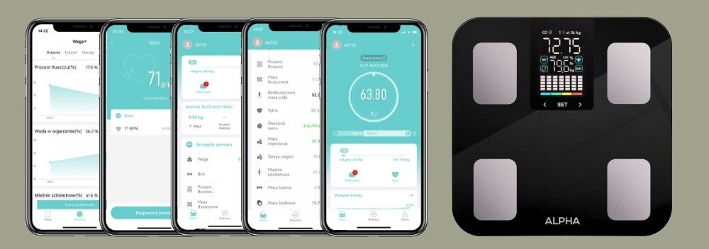 Waga łazienkowa ALPHA Smart Scale PRO 3 SCP-03 rozpoznawanie użytkowników, 24 profili w aplikacji, tryb dla zwierząt i dzieci, wygodne rozwiązanie dla rodziny