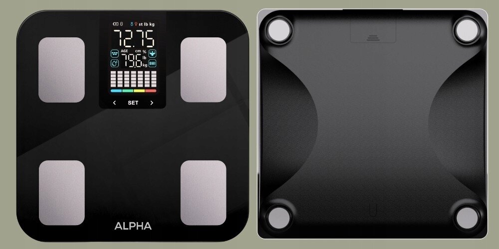 Waga łazienkowa ALPHA Smart Scale PRO 3 SCP-03 szkło hartowane, antypoślizgowe stopki, funkcja step-on, dłuższa żywotnośc baterii