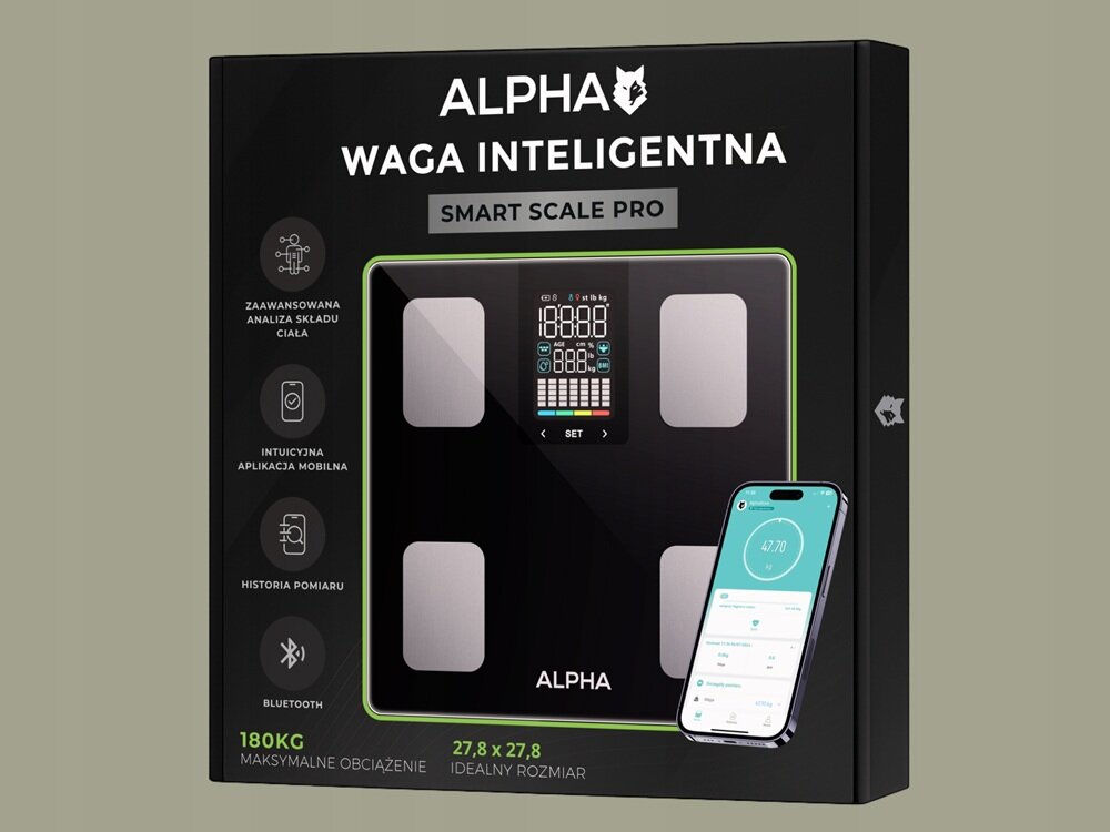 Waga łazienkowa ALPHA Smart Scale PRO 3 SCP-03 łączność bluetooth, stabilne połączenie, wyświetlacz LED, kompaktowe wymiary