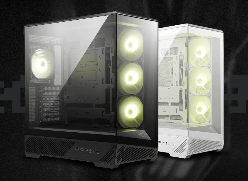 Obudowa MSI MAG PANO 130R PZ Dwie obudowy komputerowe obok siebie w wersji czarnej oraz białej, obie posiadają panoramiczne przeszklenia i cztery rozświetlone wentylatory w środku