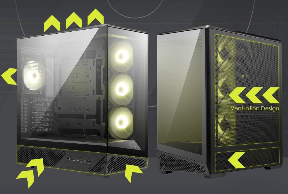 Obudowa MSI MAG PANO 130R PZ Zestawienie dwóch ujęć obudowy z nałożonymi żółtymi strzałkami obrazującymi kierunki wlotu i wylotu powietrza przez panele wentylacyjne oraz napis 'ventilation design'