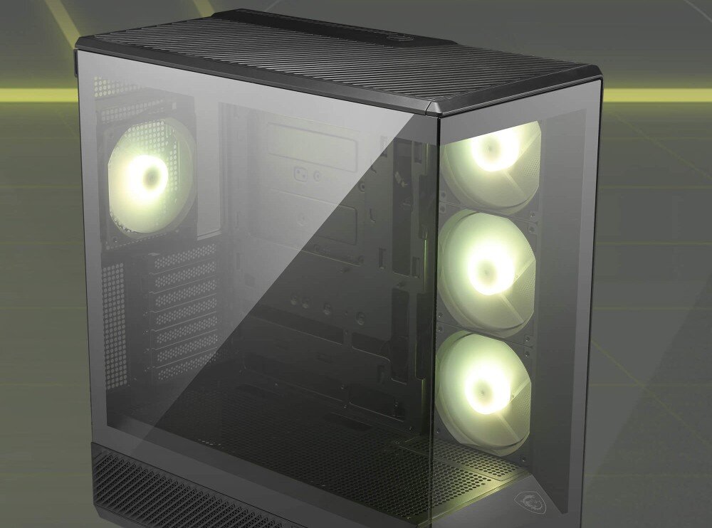 Obudowa MSI MAG PANO 130R PZ Widok z góry na obudowę pod kątem ukazujący szklane panele schodzące się w narożniku bez widocznego pionowego wspornika, co tworzy nieprzerwany widok na podświetlone podzespoły