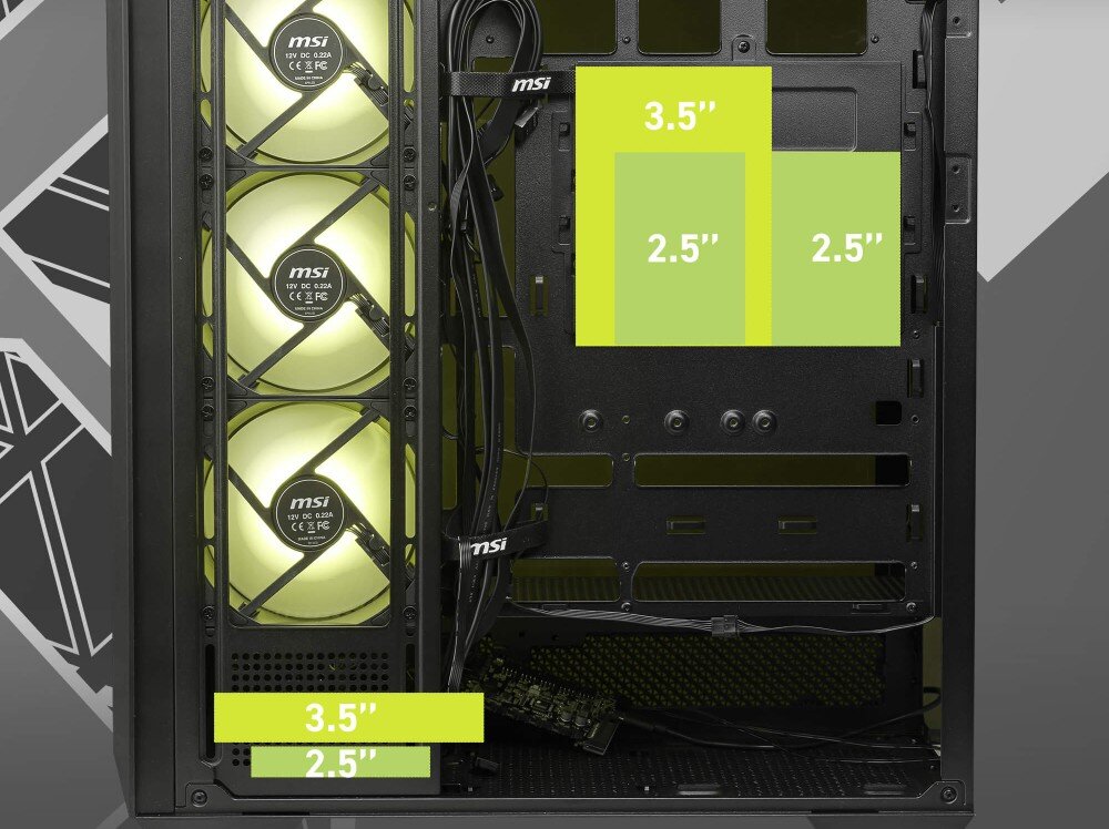 Obudowa MSI MAG PANO 130R PZ Zbliżenie na tył tacki montażowej z zaznaczonymi na zielono miejscami instalacji dysków twardych i ssd w rozmiarach 2.5 cala oraz 3.5 cala