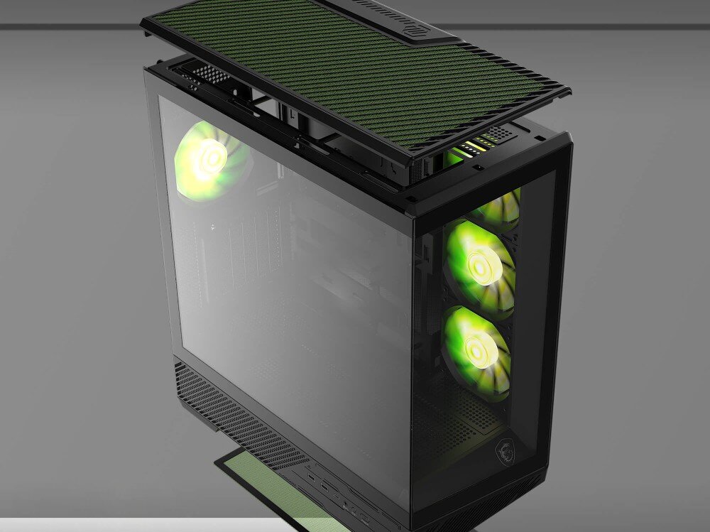 Obudowa MSI MAG PANO 130R PZ Ujęcie górnej części obudowy z uniesionym panelem wentylacyjnym, pod którym widoczna jest drobna siatka filtra przeciwkurzowego