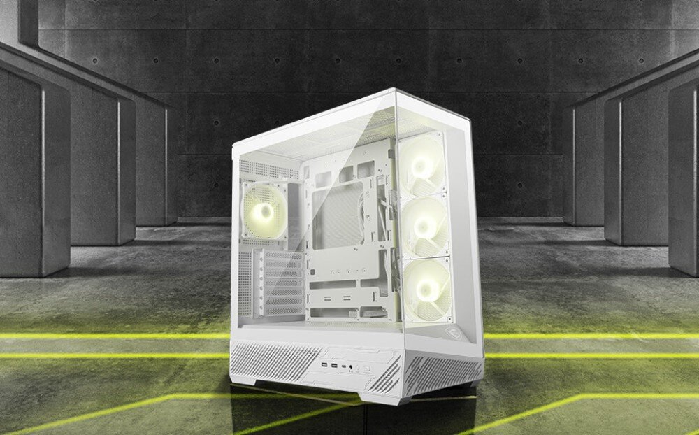 Obudowa MSI MAG PANO 130R PZ Obudowa komputerowa w ciemnym kolorze z przeszklonym frontem i bokiem ustawiona na szarym tle z geometrycznymi wzorami, widoczne cztery podświetlone na żółto wentylatory we wnętrzu konstrukcji