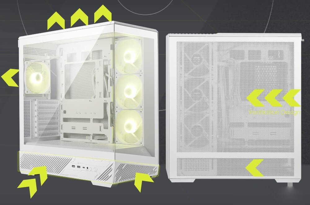 Obudowa MSI MAG PANO 130R PZ Zestawienie dwóch ujęć obudowy z nałożonymi żółtymi strzałkami obrazującymi kierunki wlotu i wylotu powietrza przez panele wentylacyjne oraz napis 'ventilation design'