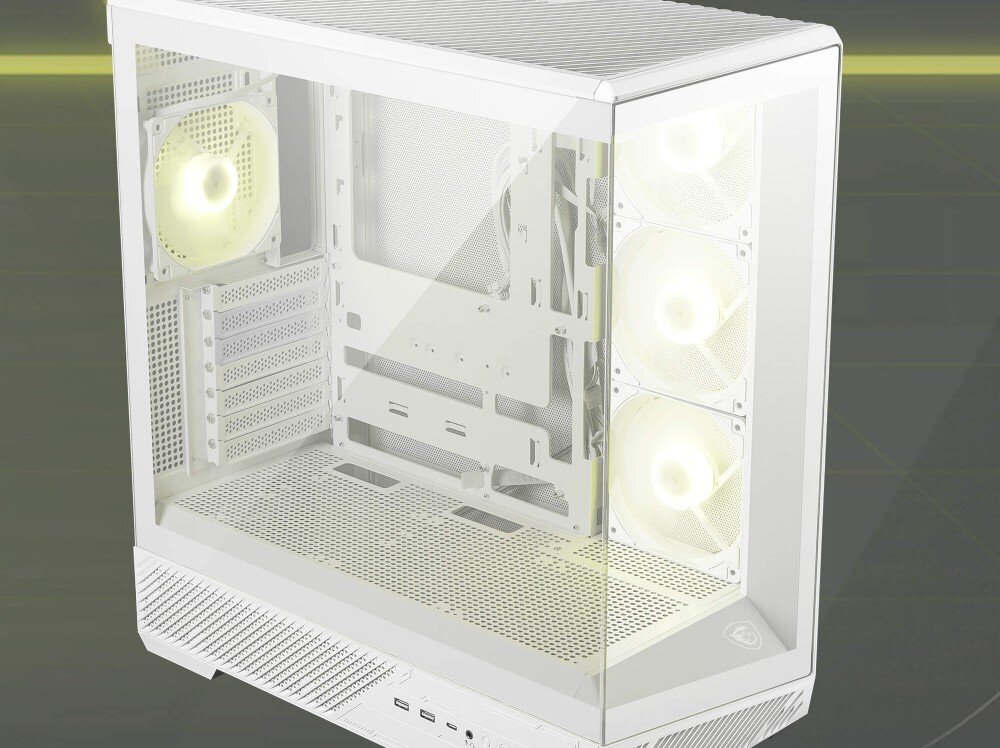 Obudowa MSI MAG PANO 130R PZ Widok z góry na obudowę pod kątem ukazujący szklane panele schodzące się w narożniku bez widocznego pionowego wspornika, co tworzy nieprzerwany widok na podświetlone podzespoły