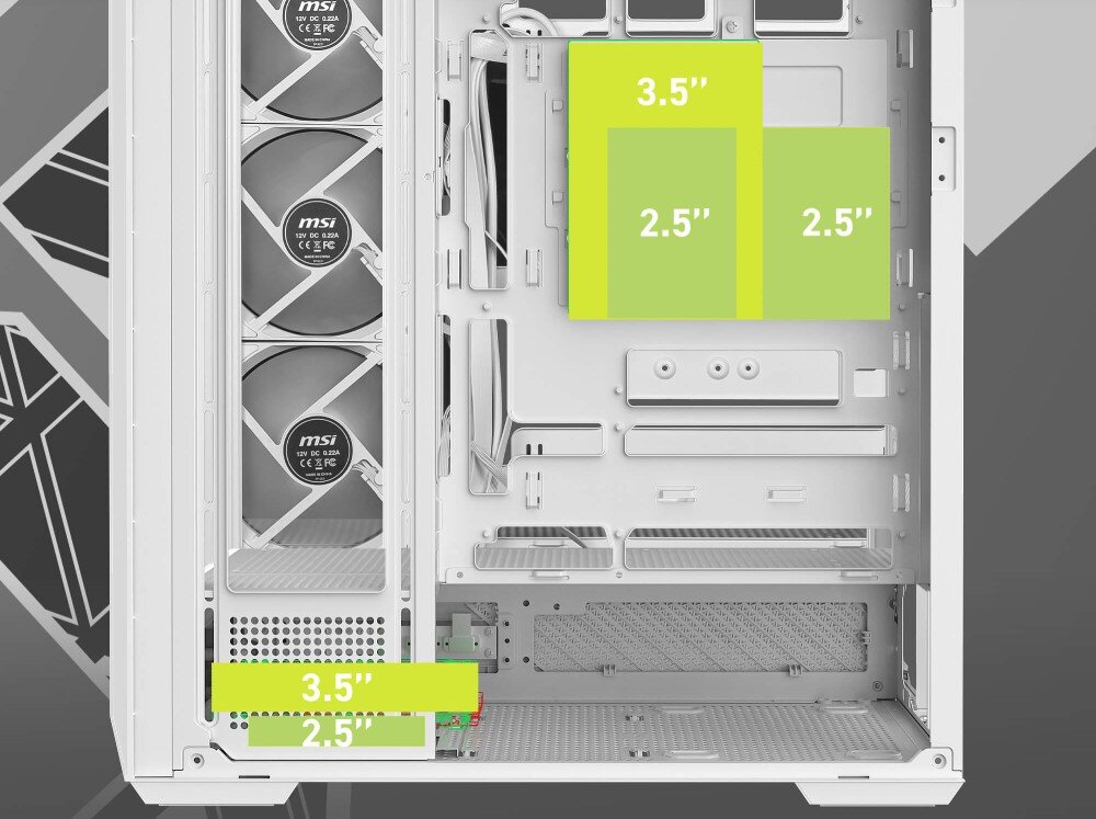 Obudowa MSI MAG PANO 130R PZ Zbliżenie na tył tacki montażowej z zaznaczonymi na zielono miejscami instalacji dysków twardych i ssd w rozmiarach 2.5 cala oraz 3.5 cala