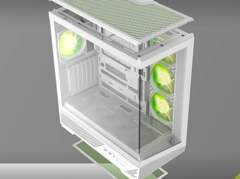 Obudowa MSI MAG PANO 130R PZ Ujęcie górnej części obudowy z uniesionym panelem wentylacyjnym, pod którym widoczna jest drobna siatka filtra przeciwkurzowego