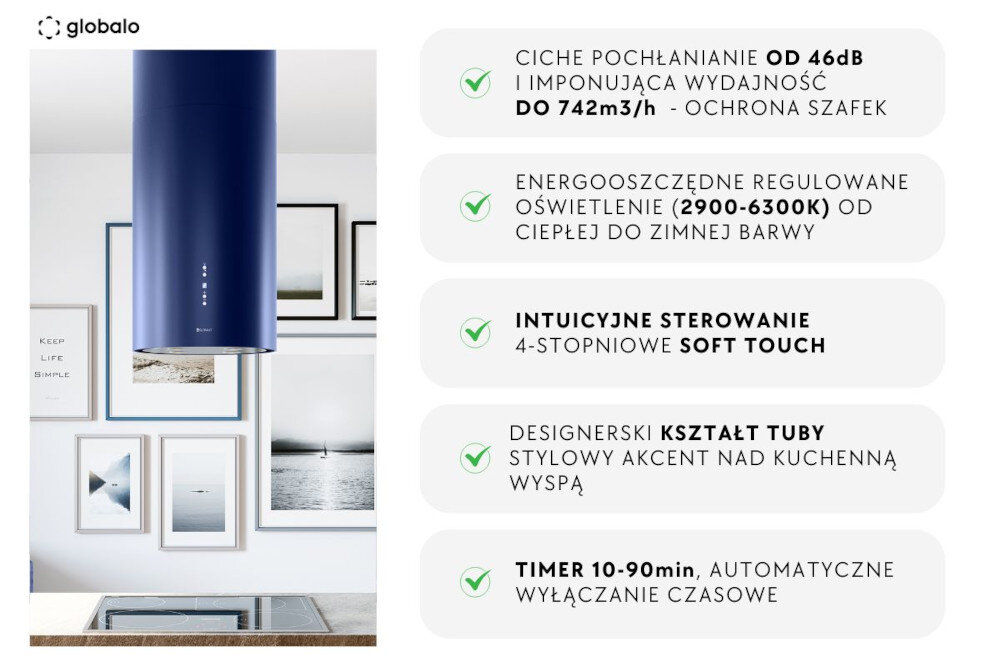 OKAP GLOBALO CYLINDRO ISOLA 39.7 BLUE Zdjęcie przedstawia kuchnię z wyspą i okrągłym stołem otoczonym krzesłami. Nad wyspą zamontowany jest niebieski okap w kształcie tuby, który stanowi designerski akcent. Po prawej stronie umieszczone są główne zalety produktu: ciche pochłanianie (od 46 dB), wysoka wydajność (do 742 m³/h), regulowane oświetlenie, intuicyjne sterowanie, stylowy kształt oraz automatyczny timer. Scena podkreśla estetykę kuchni i funkcjonalność okapu.