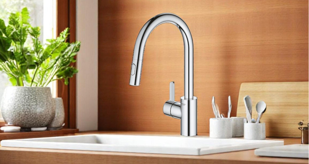 Bateria GROHE Essence 31481001 wygląd całościowy obrotowa wylewka korzystanie wygoda obracanie SilkMove kontrola precyzja design dźwignia