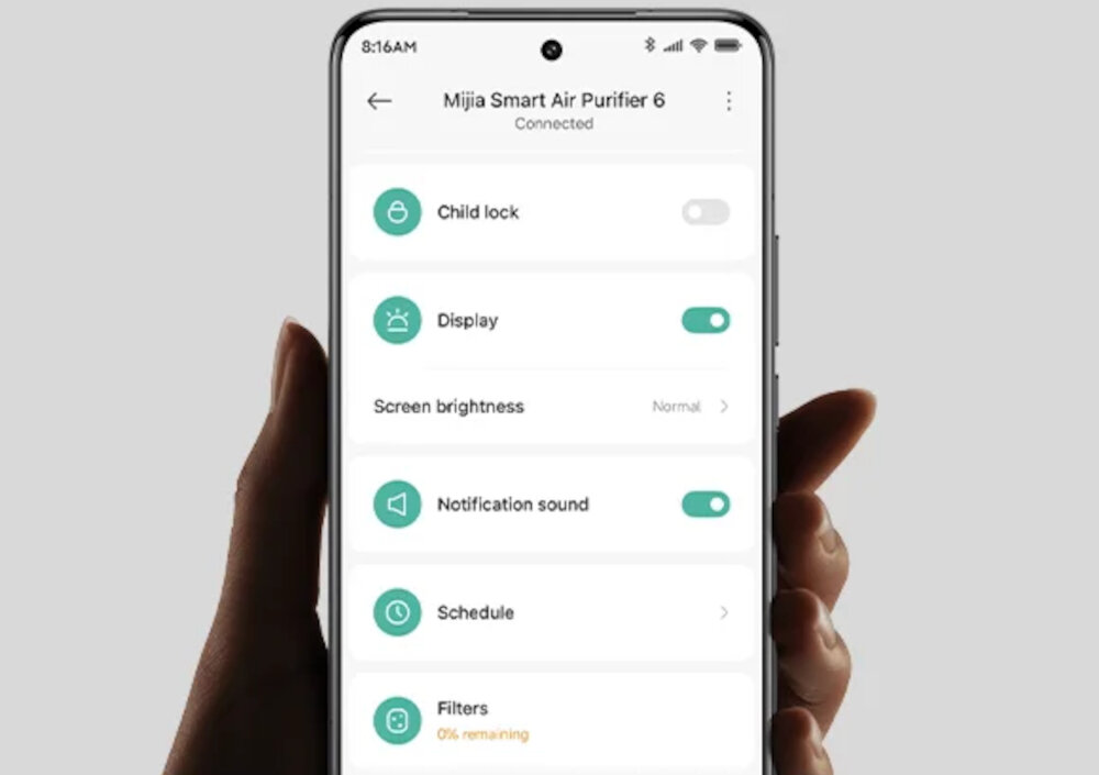Oczyszczacz powietrza XIAOMI Air Purifier 6 Sterowanie z aplikacji  można obsługiwać z poziomu aplikacji mobilnej planując harmonogramy pracy monitorując stan filtrów z ekosystemem Smart Home Xiaomi 