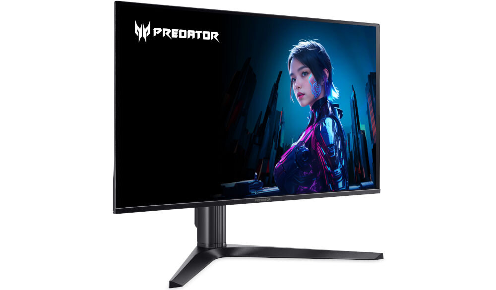Monitor ACER Predator X27UZ1BMIIPRX 26.5 cala 2560x1440px OLED 280Hz 0.03 [GTG] prezentacja monitora na białym tle od przodu pod kątem elegancki design stabilność podstawa stabilność