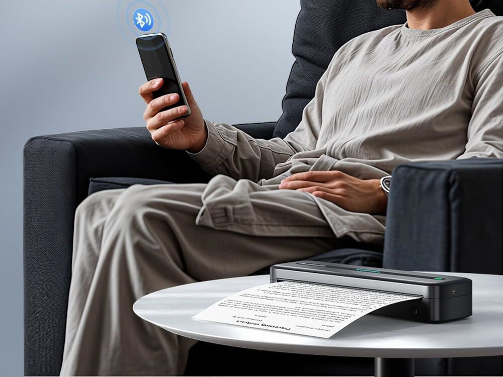 Drukarka PHOMEMO M832 Złącze USB Szary łatwa łączność z urządzeniami mobilnymi, smartfonami, tabletami za pomocą Bluetooth 4.0, kompatybilność z komputerami z systemem Windows 10 / 11, macOS, Android 4.0 lub nowszy oraz iOS 8.0, lub nowszy,
					w zestawie kabel USB-A / USB-C do podłączenia, drukarka na stoliku, mężczyzna siedzący na fotelu i trzymający telefon, nad którym widnieje ikonka bluetooth