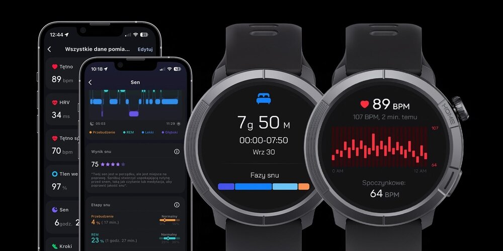 Smartwatch STELIO Activ Pro AI fazy lekkie, głębokie i REM całodobowy monitoring zdrowia 