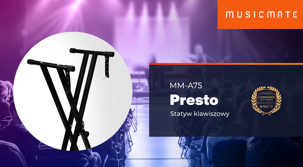 Statyw klawiszowy MUSICMATE MM-A75 Presto pewność i wygoda podczas gry, produkt w białym kole, logo producenta, nazwa modelu