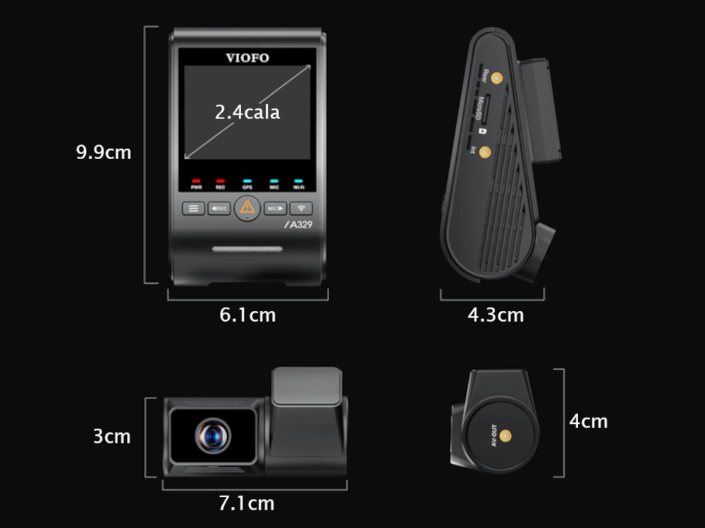 VIOFO A329S Ekran o przekątnej 2.4 HD przeglądanie materiałów i konfigurację ustawień przejrzystemu menu parametry nagrań, dostosować datę, prędkość lub oznaczenia = wideorejestrator z wymiarami obudowy i wyświetlacza