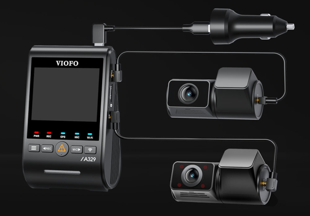 VIOFO A329S Zasilacz 45 W dwoma portami USB-C jednocześnie przewód USB-C/USB-C 3 m uchwyt samoprzylepny łopatka montażowa - schemat połączenia wideorejestratora z zasilaczem