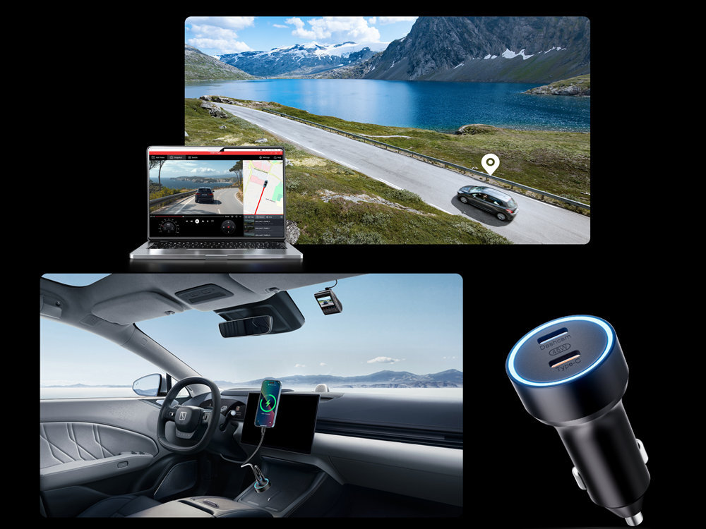 VIOFO A329S Moduł GPS aktywnym uchwytem współrzędne oraz prędkość pojazdu programie DASHCAMVIEWER GPS, BeiDou, Galileo i GLONASS - funkcja gpsa, przedstawione auto na drodze ze znacznikiem gps