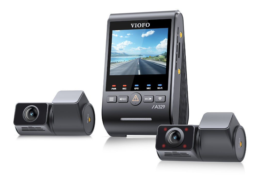 VIOFO A329S Moduł Wi-Fi 6 2.4GHz i 5GHz aplikację VIOFO na Android i iOS przeglądać i pobierać nagrania na smartfon - wideorejestrator na białym tle pod kątem