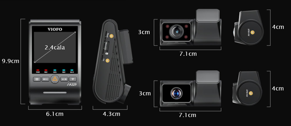 VIOFO A329S Ekran o przekątnej 2.4 HD przeglądanie materiałów i konfigurację ustawień przejrzystemu menu parametry nagrań, dostosować datę, prędkość lub oznaczenia = wideorejestrator z wymiarami obudowy i wyświetlacza