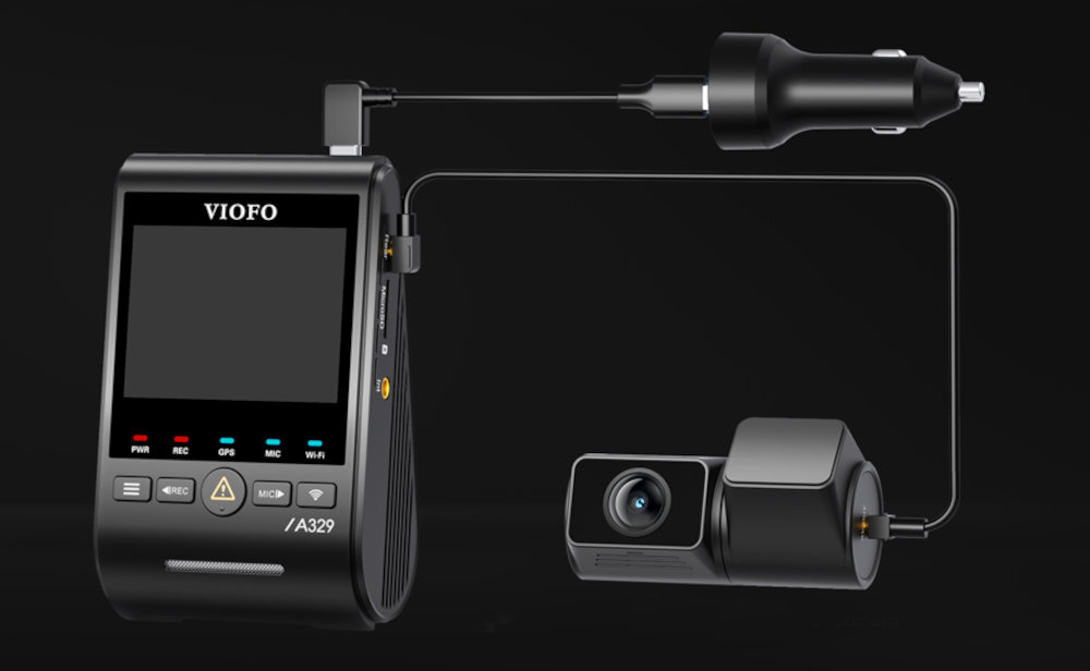 VIOFO A329SW Zasilacz 45 W dwoma portami USB-C jednocześnie przewód USB-C/USB-C 3 m uchwyt samoprzylepny łopatka montażowa - schemat połączenia wideorejestratora z zasilaczem