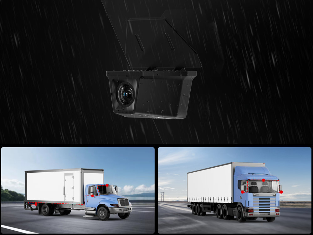 VIOFO A329SW Tylna kamera Wodoodporna konstrukcja montaż na zewnątrz pojazdu Sony STARVIS 2 IMX675 1/2,8 o rozdzielczości 5 MP filmów w jakości 2K (2560x1440p w 30 kl/s) hydrofobowa powłoka obiektywu - kamera w czasie deszczu, ilustracja ciężarówek